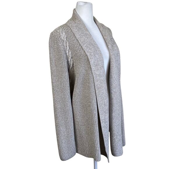 Talbots Sz XL Petite Oatmeal Marled Chunky Cable Knit Open Front Cardigan Cotton - Picture 6 of 16